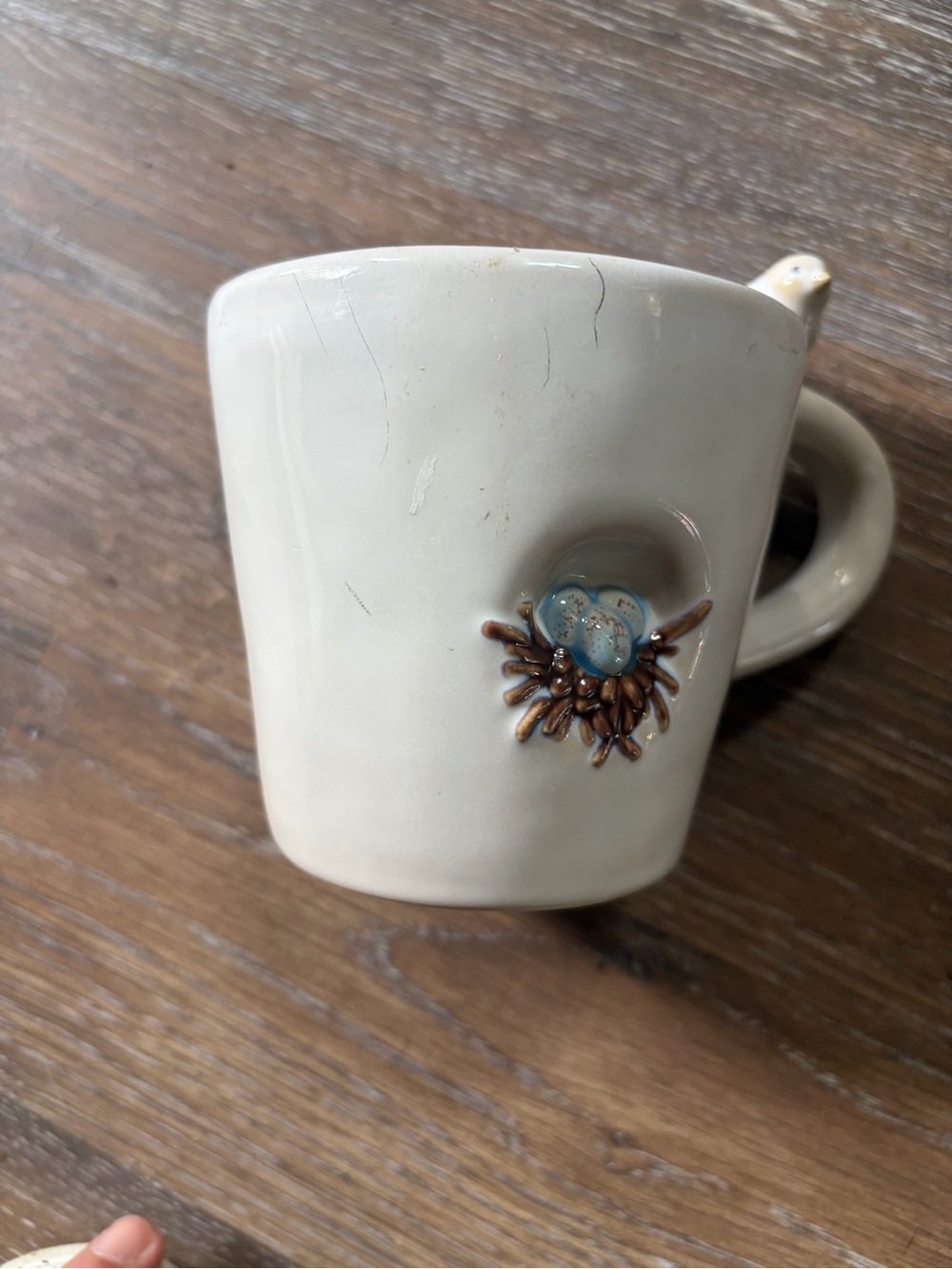 Pottery Barn Cream Ceramic Mug with Blue Accent and Brown Detail